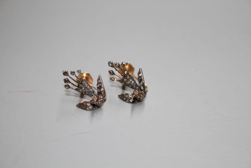 A pair of Victorian yellow metal and rose cut diamond set swallow ear clips (adapted), 19mm.